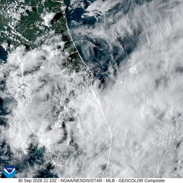GOES-19 GeoColor satellite image of Central Florida and the surrounding region at 5:10 p.m. EDT on September 30, 2026. Credit: CIRA/NOAA.