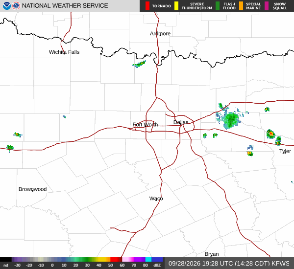 Latest National Weather Service radar for North Texas (KFWS radar). Source: radar.weather.gov.