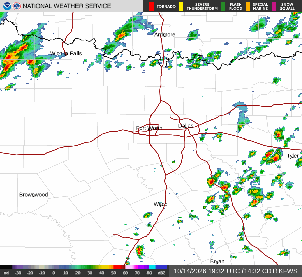 Latest National Weather Service radar for North Texas (KFWS radar). Source: radar.weather.gov.