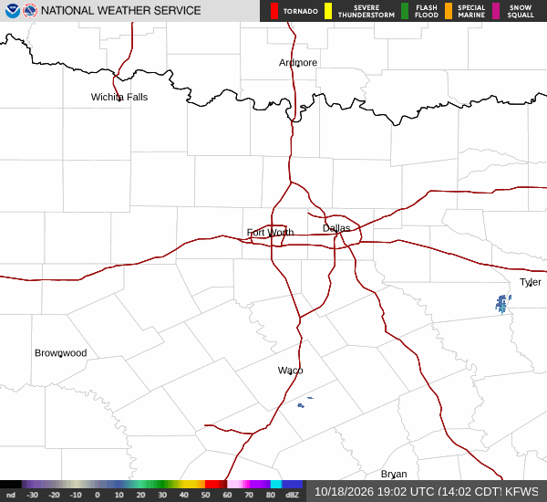 Latest National Weather Service radar for North Texas (KFWS radar). Source: radar.weather.gov.