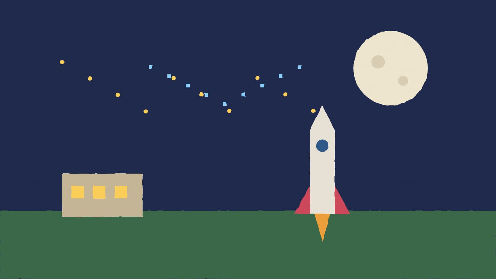 Rocket and moon over campus - illustration, Jake Team LLC