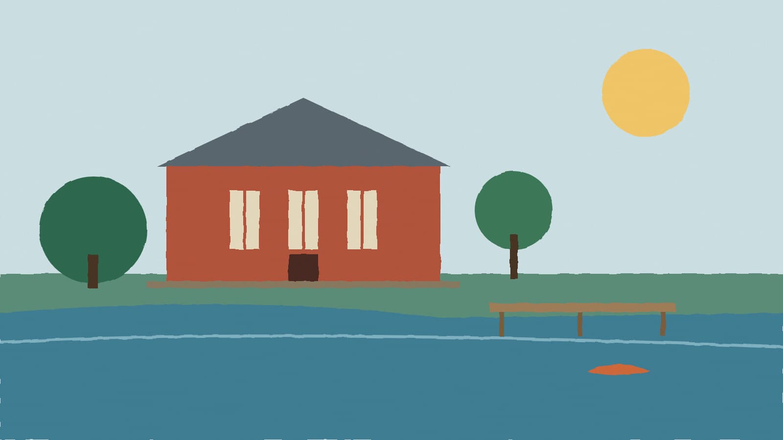 Brick schoolhouse by a lake - illustration, Jake Team LLC