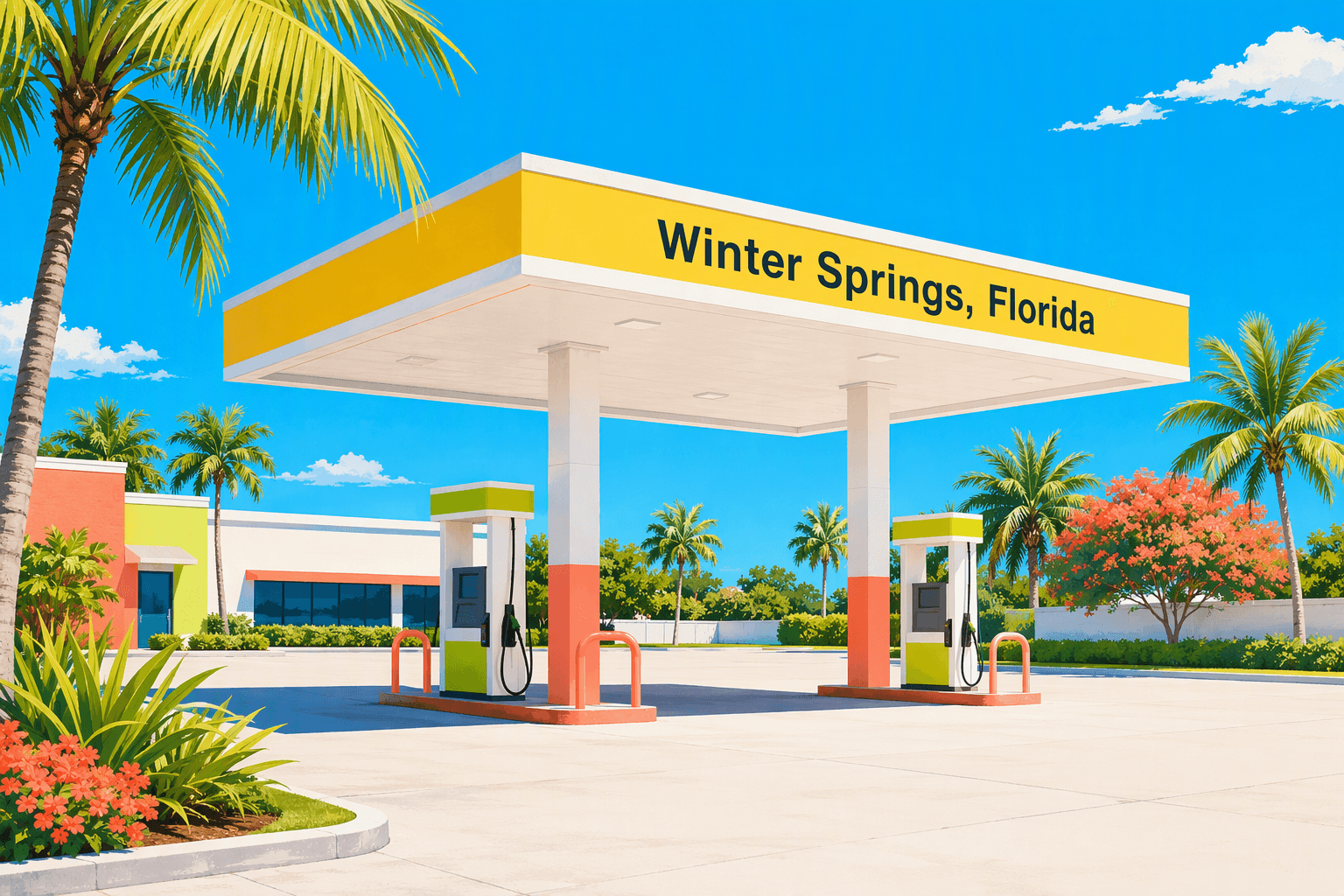 Winter Springs gas station at dusk — illustration, Jake Team LLC