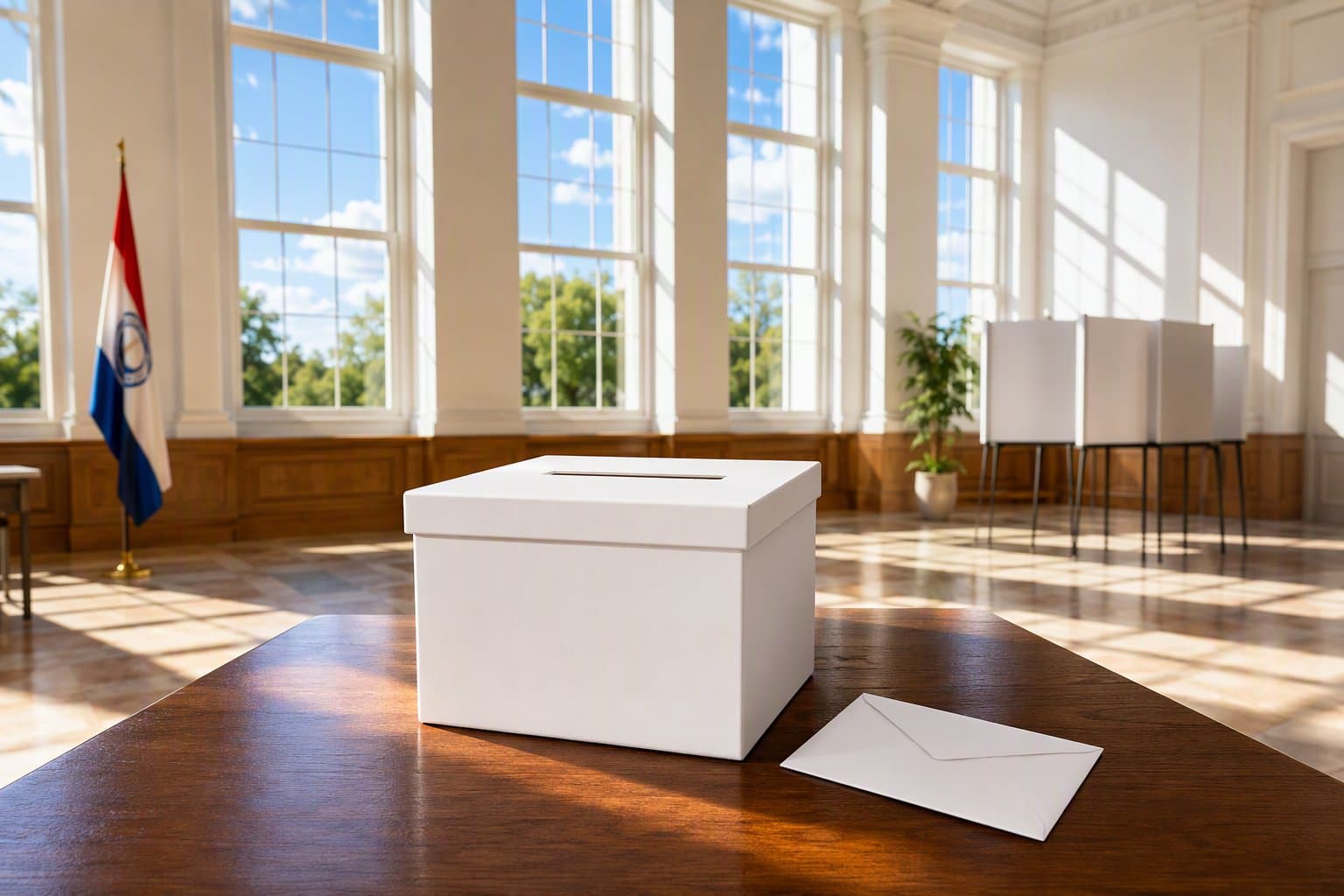 ballot box in sunlit hall - illustration, Jake Team LLC
