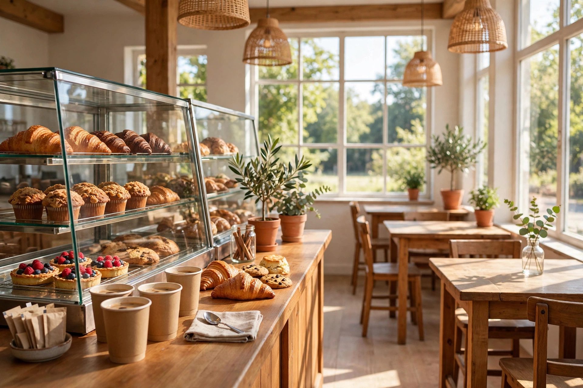 Coffee shop counter with pastries and cups of coffee in a sunny bakery - illustration