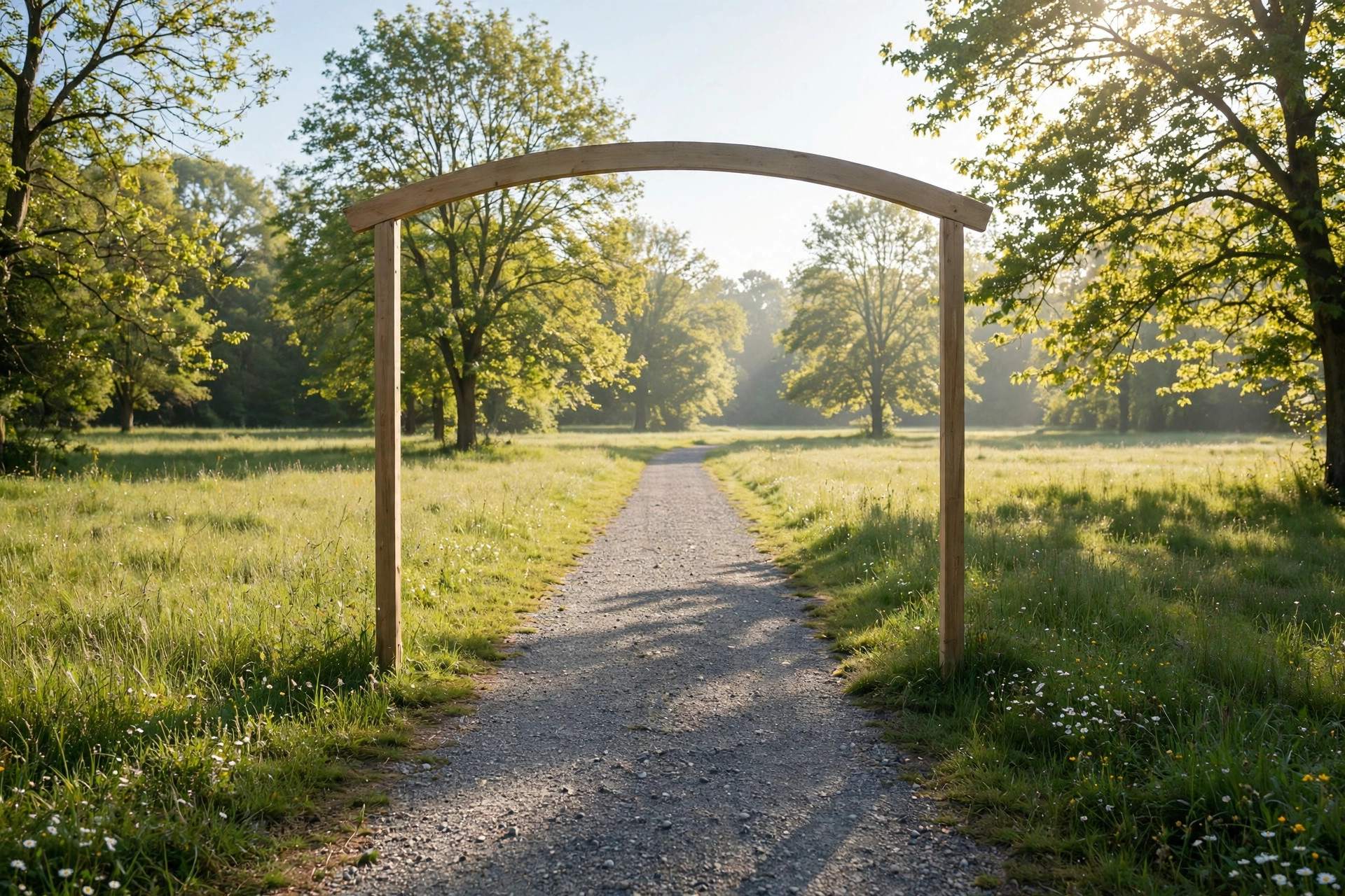 Gravel path through a grassy field with walkers' starting-line banner - illustration