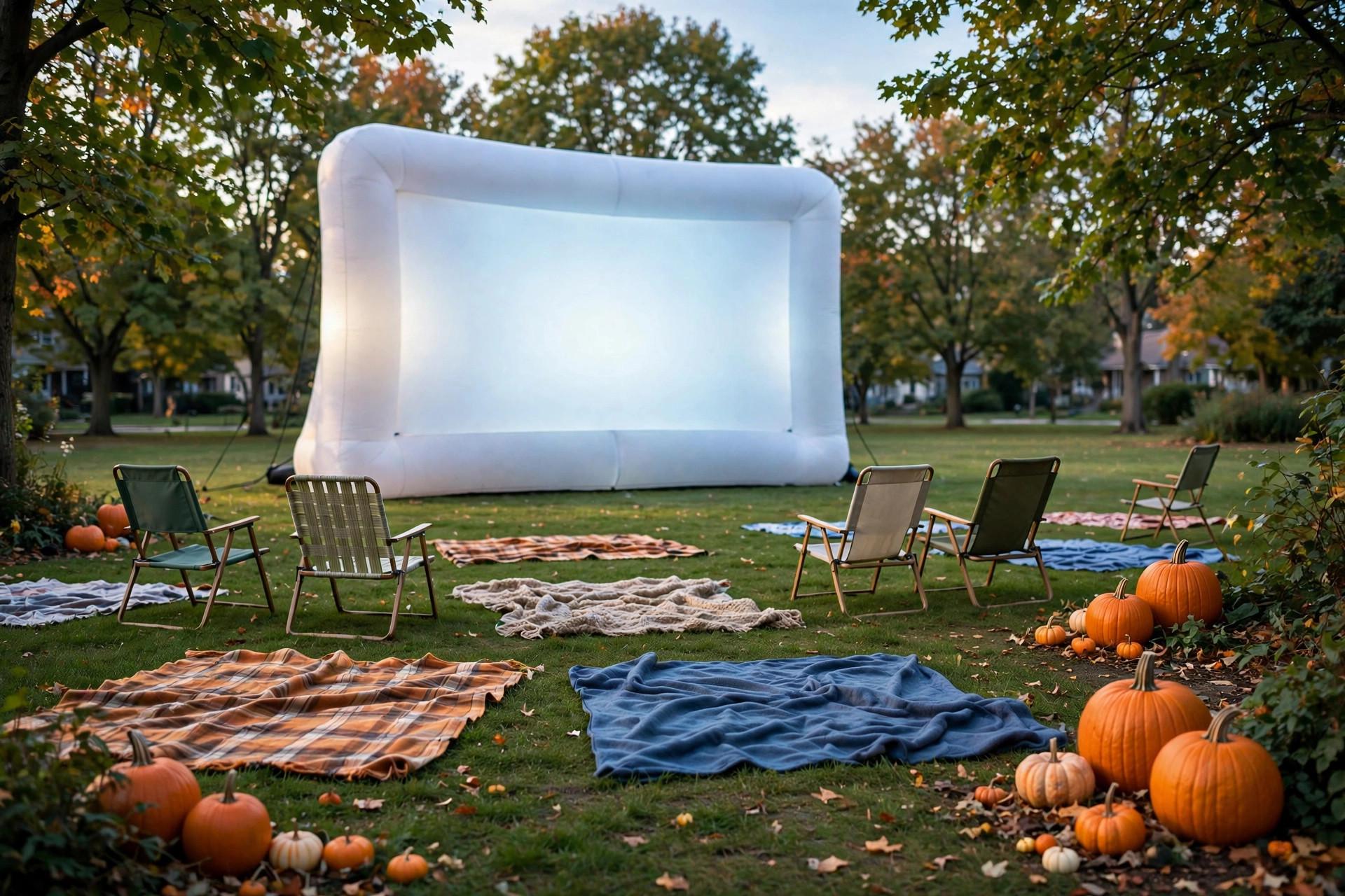 Inflatable outdoor movie screen in a park at dusk with blankets on the grass - illustration