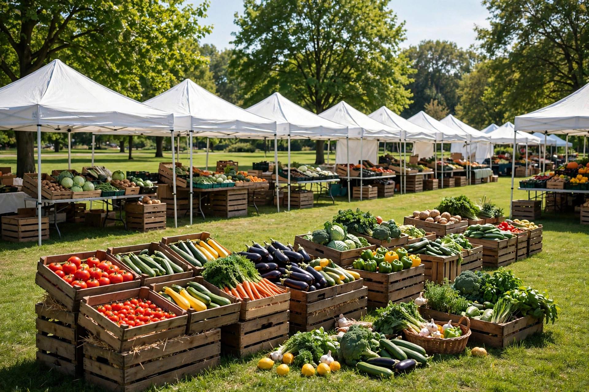 Farmers market stalls with produce tents on a sunny park lawn - illustration
